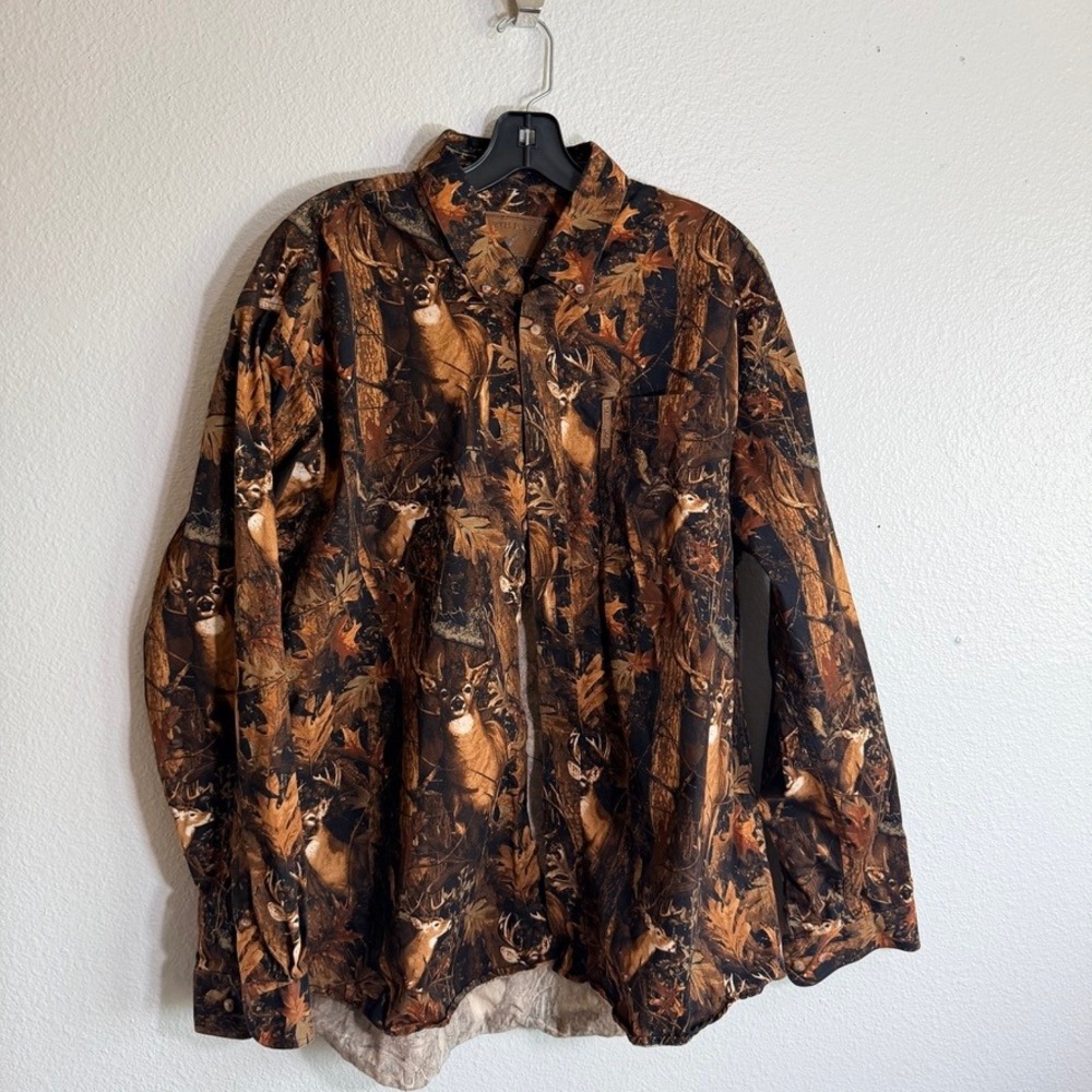 North River Outfitters Mens XL Camo Deer Wildlife Print Button Down Shirt Brown